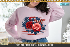 American Rose and Flag is a professional design that is available at 300dpi PNG to use for Sublimation, iron-on transfer, DTG Printing and normal printing.