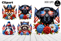 Patriotic American Flag animal Clipart 4 of July Sublimation Product Image 1