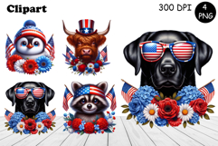Patriotic American Flag animal Clipart 4 of July Sublimation Product Image 1
