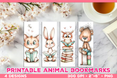 Cute Animals Reading Books Printable Bookmarks Product Image 1