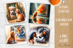 Summer watercolor funny animal - Animal square coaster Product Image 1