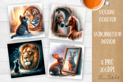 Summer watercolor funny animal - Animal square coaster Product Image 1