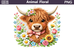Highland Cow Floral Clipart | Spring Farm Animal Sublimation Product Image 1