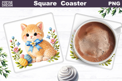 Cat Floral Square Coaster | Easter Animal Sublimation Product Image 1