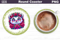 Bear Floral Round Coaster | Cute Animal Flowers Coaster Product Image 1