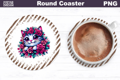 Cat Floral Round Coaster | Cute Animal Flowers Coaster Product Image 1