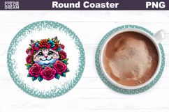 Cat Floral Round Coaster | Cute Animal Flowers Coaster Product Image 1