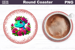 Dinosaur Floral Round Coaster | Cute Animal Flowers Coaster Product Image 1