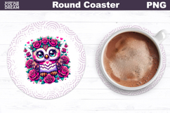 Owl Floral Round Coaster | Cute Animal Flowers Coaster Product Image 1