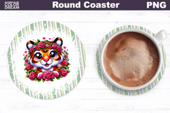 Tiger Floral Round Coaster | Cute Animal Flowers Coaster Product Image 1