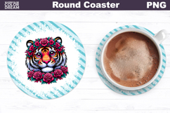 Tiger Floral Round Coaster | Cute Animal Flowers Coaster Product Image 1