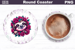 Sloth Floral Round Coaster | Cute Animal Flowers Coaster Product Image 1