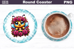 Bee Floral Round Coaster | Cute Animal Flowers Coaster Product Image 1