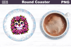 Penguin Floral Round Coaster | Cute Animal Flowers Coaster Product Image 1