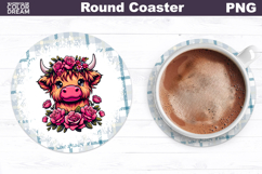 Highland Cow Floral Round Coaster | Cute Animal Flowers Coas Product Image 1