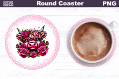 Highland Cow Floral Round Coaster | Cute Animal Flowers Coas Product Image 1