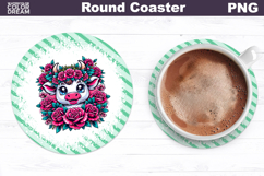 Cow Floral Round Coaster | Cute Animal Flowers Coas Product Image 1