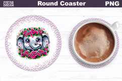Elephant Floral Round Coaster | Cute Animal Flowers Coaster Product Image 1