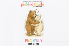 Watercolor bear hug PNG illustration showing two bears embracing, painted in soft brown and cream tones with small hearts and a light woodland background.
