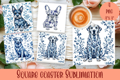 Blue Toile Chinoiserie, animal sublimation square coaster Product Image 1