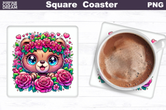 Animal Flowers Square Coaster | Bear Floral Sublimation Product Image 1