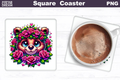 Animal Flowers Square Coaster | Bear Floral Sublimation Product Image 1