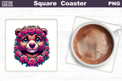 Animal Flowers Square Coaster | Bear Floral Sublimation Product Image 1