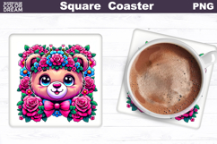 Animal Flowers Square Coaster | Bear Floral Sublimation Product Image 1