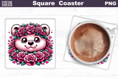 Animal Flowers Square Coaster | Bear Floral Sublimation Product Image 1