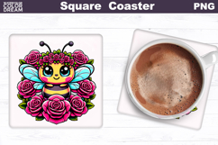 Animal Flowers Square Coaster | Bee Floral Sublimation Product Image 1