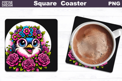 Animal Flowers Square Coaster | Bird Floral Sublimation Product Image 1