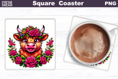 Animal Flowers Square Coaster | Highland Cow Roses Product Image 1