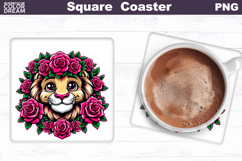 Animal Flowers Square Coaster | Lion Roses Sublimation Product Image 1