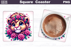 Animal Flowers Square Coaster | Lion Roses Sublimation Product Image 1