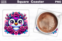 Animal Flowers Square Coaster | Penguin Roses Sublimation Product Image 1