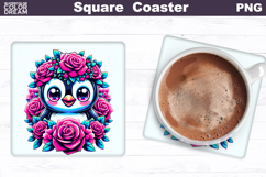 Animal Flowers Square Coaster | Penguin Roses Sublimation Product Image 1