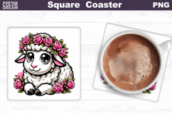 Animal Flowers Square Coaster | Sheep Roses Sublimation Product Image 1