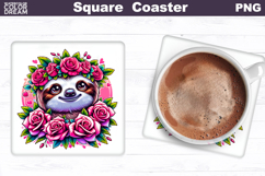 Animal Flowers Square Coaster | Sloth Roses Sublimation Product Image 1