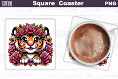 Animal Flowers Square Coaster | Tiger Roses Sublimation Product Image 1