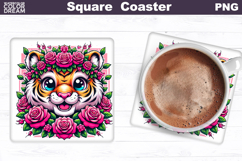 Animal Flowers Square Coaster | Tiger Roses Sublimation Product Image 1