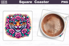Animal Flowers Square Coaster | Tiger Roses Sublimation Product Image 1