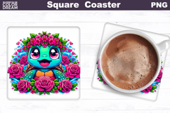Animal Flowers Square Coaster | Turtle Roses Sublimation Product Image 1