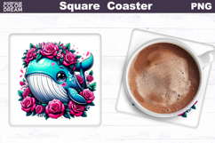 Animal Flowers Square Coaster | Whale Roses Sublimation Product Image 1
