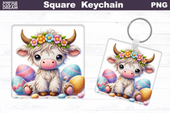 Highland Cow Square Keychain | Easter Floral Animal Product Image 1