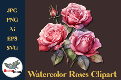 Deep Pink Watercolor Roses Clipart EPS, SVG, PNG Set Product Image 1