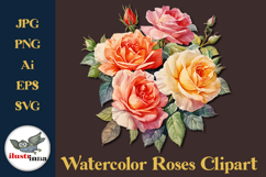 Peach Yellow Watercolor Roses Clipart EPS, SVG, PNG Set Product Image 1
