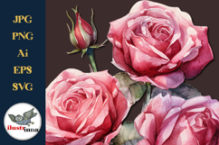 Deep Pink Watercolor Roses Clipart EPS, SVG, PNG Set Product Image 2