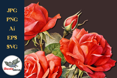 Vibrant Red Watercolor Roses Clipart EPS, SVG, PNG Set Product Image 2