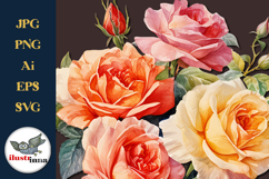 Peach Yellow Watercolor Roses Clipart EPS, SVG, PNG Set Product Image 2