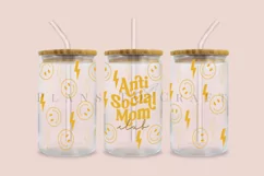 anti social mom club libbey beer can glass full wrap svg presized template for 16oz and 20oz glass for Cricut Silhouette and sublimation